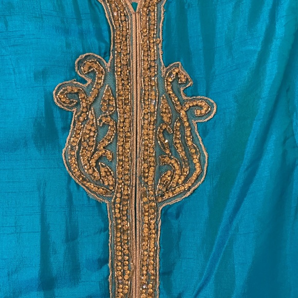 Traditional Teal blue with Golden Indian Dress - Picture 2 of 6